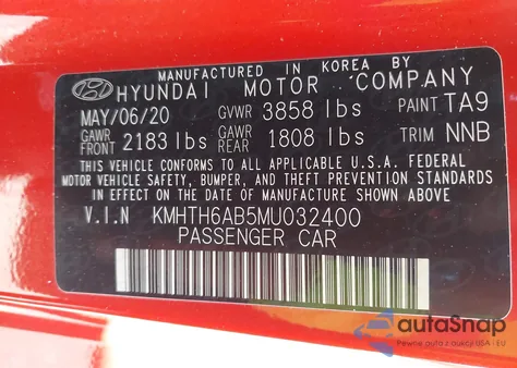 2021 Hyundai Veloster Turbo from USA, damaged, VIN KMHTH6AB5MU032400